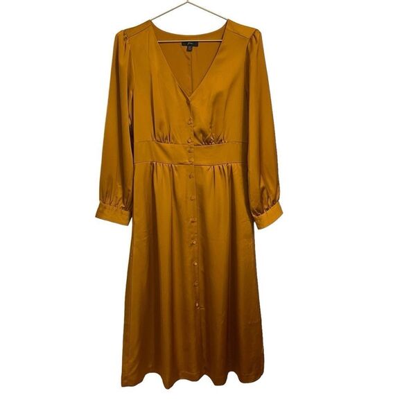 J. Crew Button Front Gold A-Line Long Sleeve Midi Dress with Pockets Size 6T - Picture 1 of 9